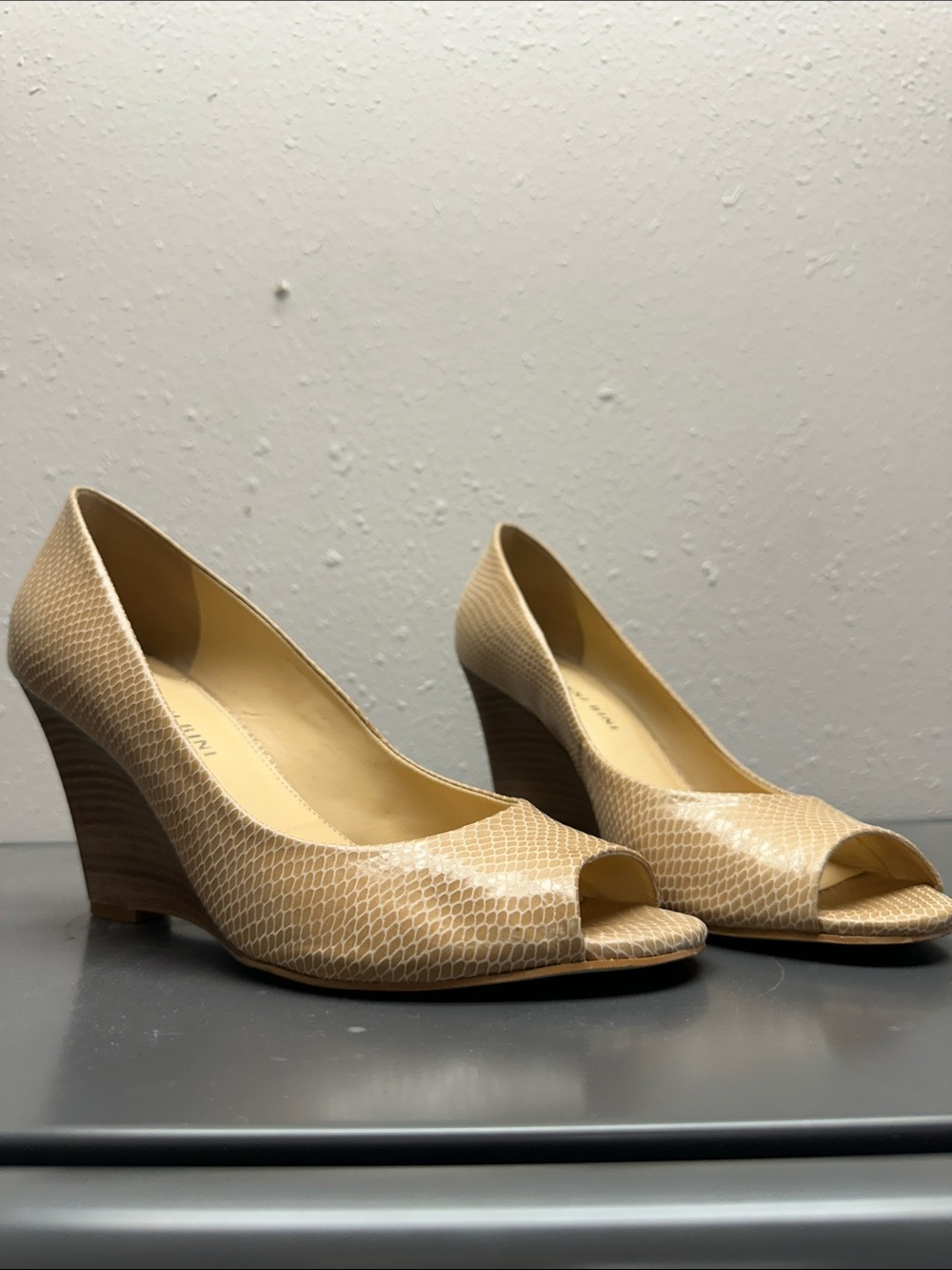 Gianni Bini Beige Snake-Embossed Peep-Toe Wedge Pumps